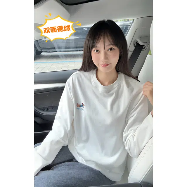 尘映 美式复古高街腊肠狗刺绣简约基础款早秋圆领宽松休闲打底衫户外潮牌百搭青少年学院风套头插肩长袖卫衣 男女同款