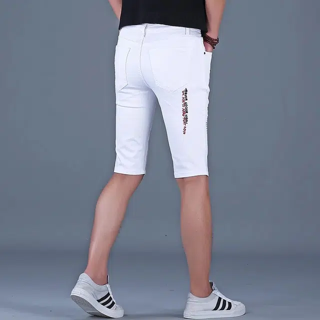 尘映 高端欧货男潮牌刺绣修身百搭五分裤夏季弹力半截裤子牛仔短裤 男女同款