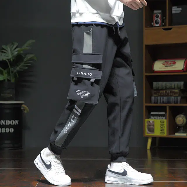 尘映 美式高街时尚潮流舒适早秋冬百搭系绳松紧腰拼接条纹设计多口袋户外休闲宽松束脚长裤穿搭工装裤 男女同款