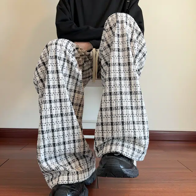 尘映 美式高街痞帅早秋常规加绒款欧棉绒印花格子校园穿搭直筒阔腿裤男宽松拖地裤无性别亲肤学院百搭通勤运动裤子休闲裤 男女同款