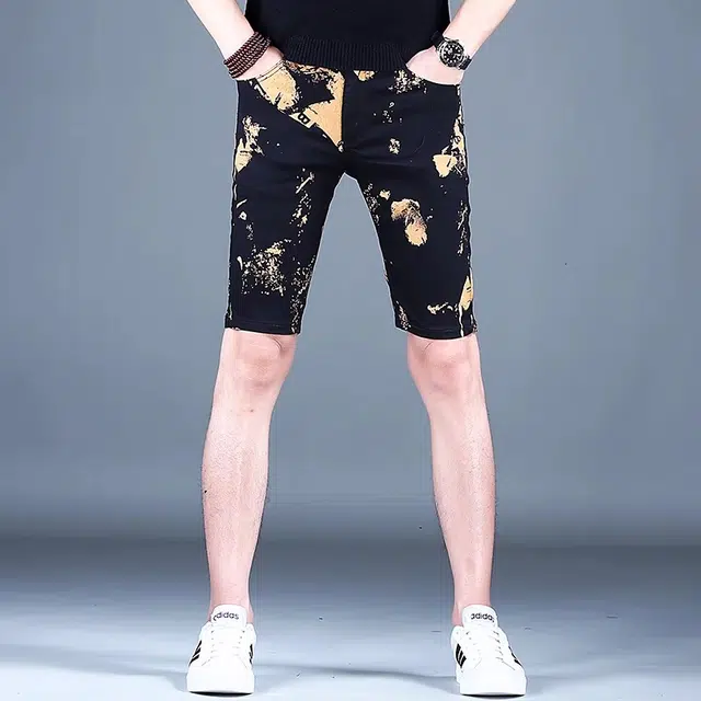 尘映 薄款美式潮流黑色休闲中裤金色印花个性潮牌五分裤弹力直筒牛仔短裤 男款