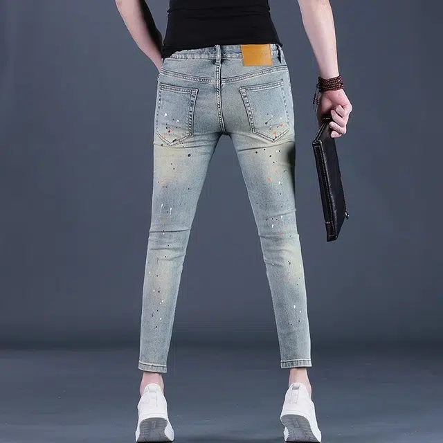 尘映 九分破洞春夏修身小脚薄款弹力裤子牛仔裤 男款