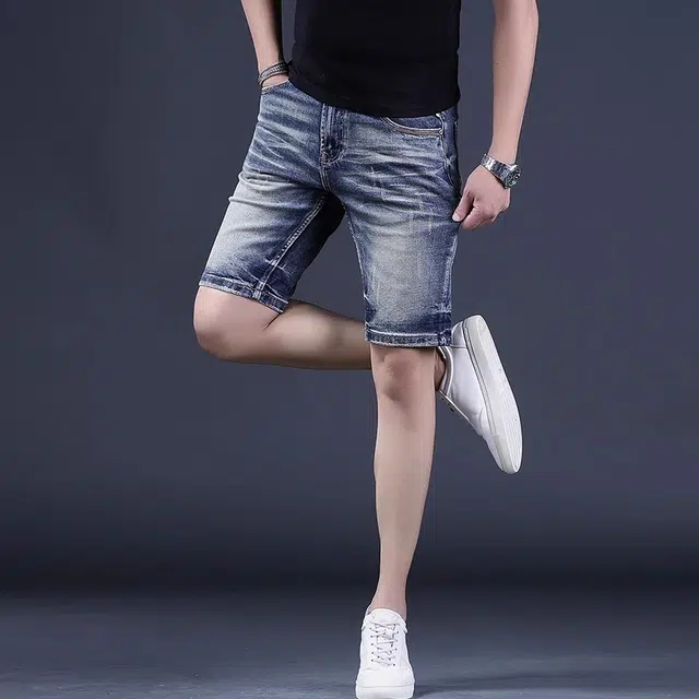 尘映 美式高端夏季男士修身潮流五分裤弹力破洞薄款中裤休闲直筒马裤男牛仔短裤 男款
