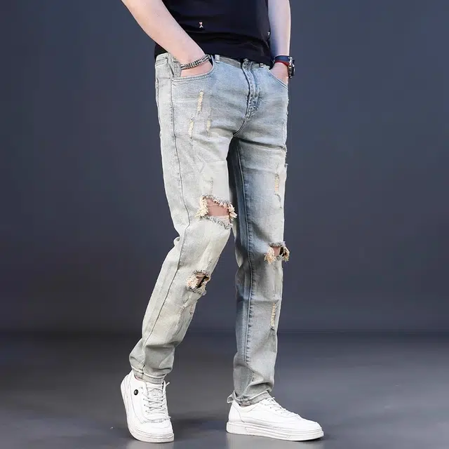 尘映 美式潮牌痞帅膝盖破洞复古潮牌修身小直筒百搭乞丐裤九分牛仔裤 男款