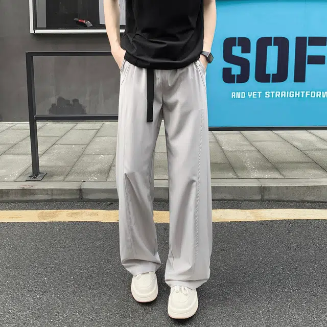 尘映 美式潮牌高街垂感情卡扣腰带百搭校园穿搭微阔腿抽绳显高运动通勤长裤宽松纯色直筒冰丝裤子休闲裤 男女同款