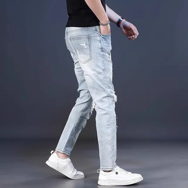 尘映 膝盖破洞痞帅九分夏季夏季修身牛仔裤 男款