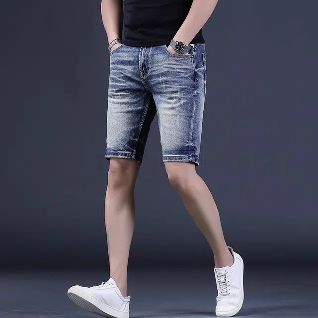 尘映 美式高端夏季男士修身潮流五分裤弹力破洞薄款中裤休闲直筒马裤男牛仔短裤 男款