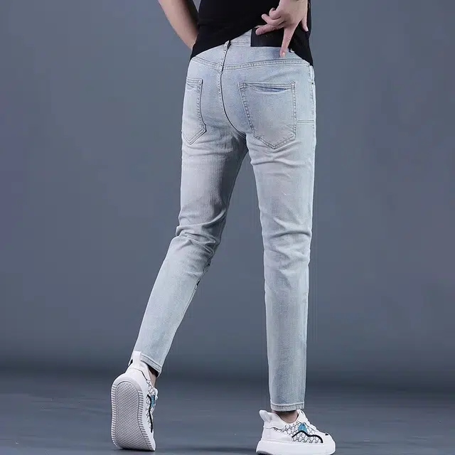 尘映 薄款美式潮牌休闲印花弹力修身小脚九分裤牛仔裤 男款