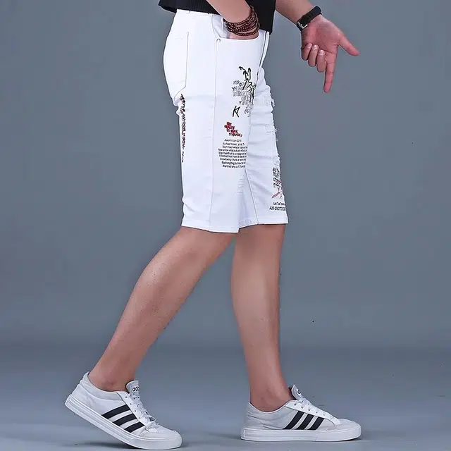 尘映 高端欧货男潮牌刺绣修身百搭五分裤夏季弹力半截裤子牛仔短裤 男女同款