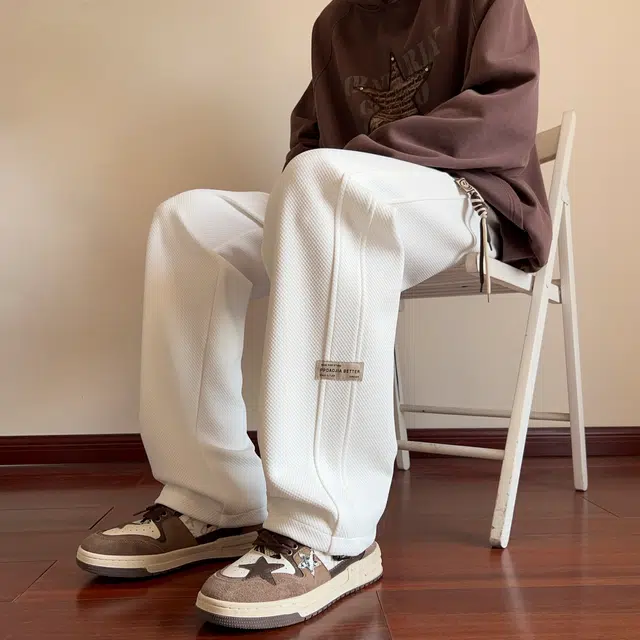 尘映 美式高街痞帅早秋常规加绒款菠萝格校园穿搭直筒阔腿裤男宽松拖地裤无性别亲肤学院百搭通勤运动裤子休闲裤 男女同款