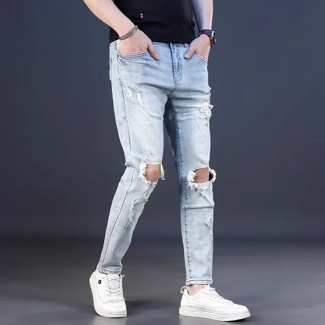 尘映 膝盖破洞痞帅九分夏季夏季修身牛仔裤 男款