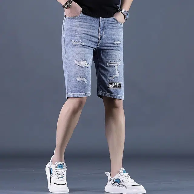尘映 夏季薄款破洞五分马裤韩版潮弹力中裤子高端牛仔短裤 男女同款