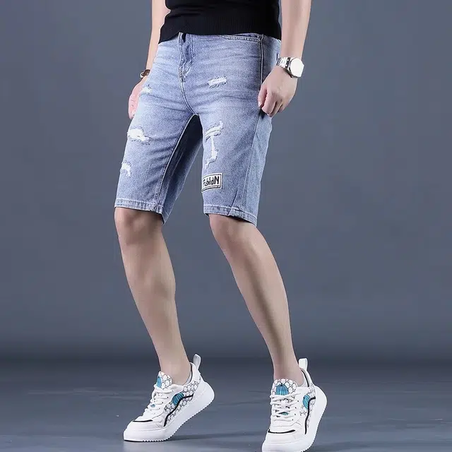 尘映 夏季薄款破洞五分马裤韩版潮弹力中裤子高端牛仔短裤 男女同款