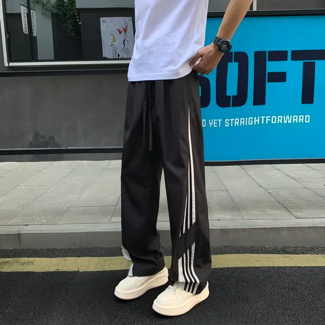 尘映 美式高街痞帅早秋常规三条杠校园穿搭直筒阔腿裤男宽松拖地裤无性别亲肤学院百搭通勤运动裤子休闲裤 男女同款