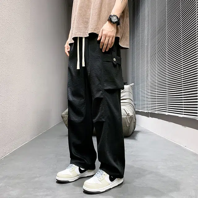 尘映 美式潮牌高街工装裤早秋校园穿搭微阔腿弹力抽绳显高百搭运动通勤长裤宽松纯色直筒裤子休闲裤 男女同款