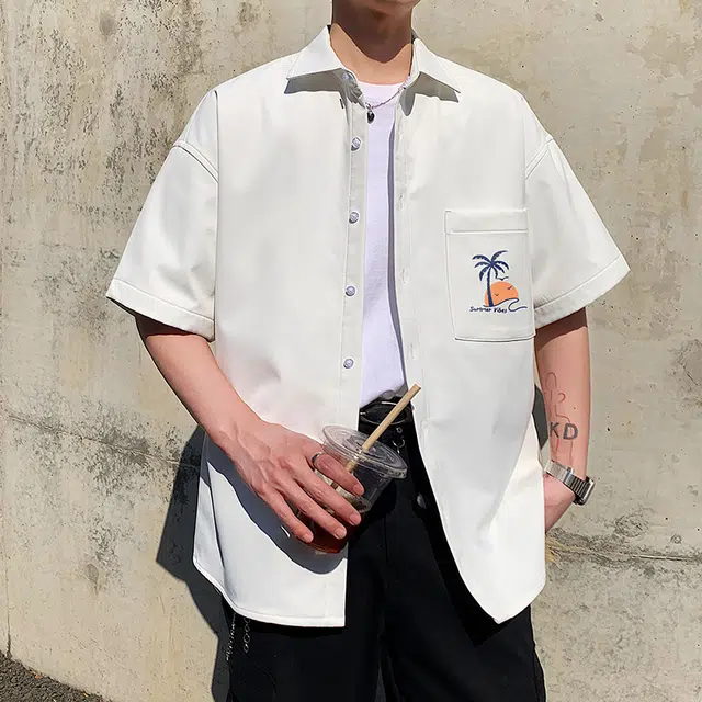 尘映 学院风基础款印花度假设计感柔软亲肤冰丝凉感透气舒适宽松显瘦痞帅潮牌百搭时尚落肩翻领短袖衬衫 男女同款