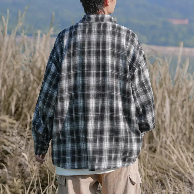 尘映 美式复古高街校园穿搭休闲宽松学生党轻薄凉感慵懒落肩翻领单排扣无性别氛围感格子百搭衬衫 男女同款