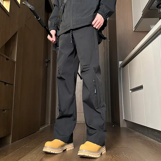 尘映 美式高街痞帅早秋常规加绒款防水山系户外拉链校园穿搭直筒阔腿裤男宽松拖地裤无性别亲肤学院百搭通勤运动裤子休闲裤 男女同款
