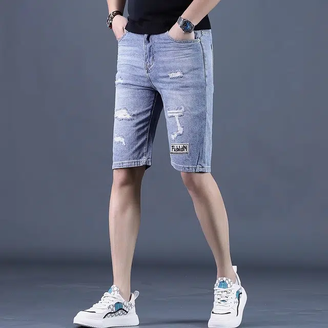 尘映 夏季薄款破洞五分马裤韩版潮弹力中裤子高端牛仔短裤 男女同款