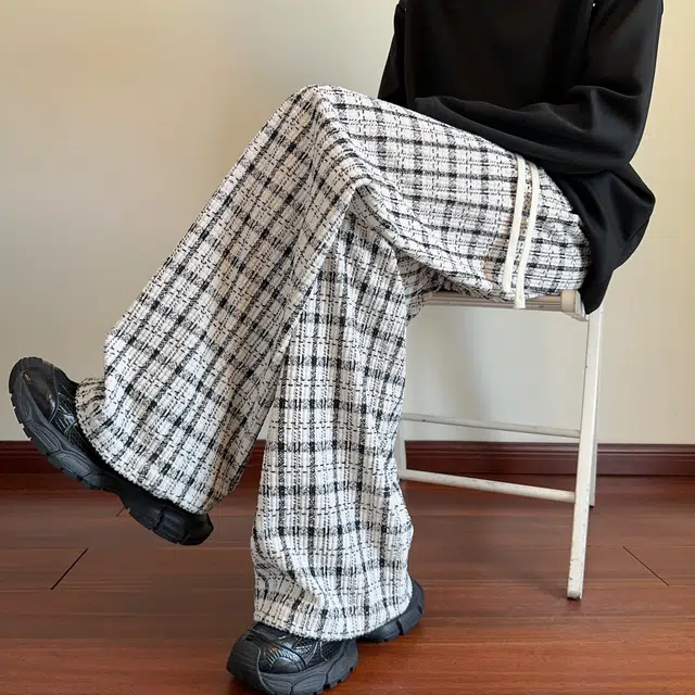 尘映 美式高街痞帅早秋常规加绒款欧棉绒印花格子校园穿搭直筒阔腿裤男宽松拖地裤无性别亲肤学院百搭通勤运动裤子休闲裤 男女同款