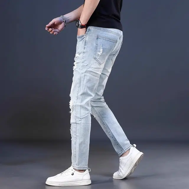 尘映 膝盖破洞痞帅九分夏季夏季修身牛仔裤 男款
