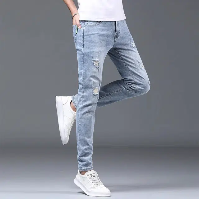 炳盛 夏季高端破洞小脚韩版潮流弹力刮烂磨破长裤牛仔裤 男女同款