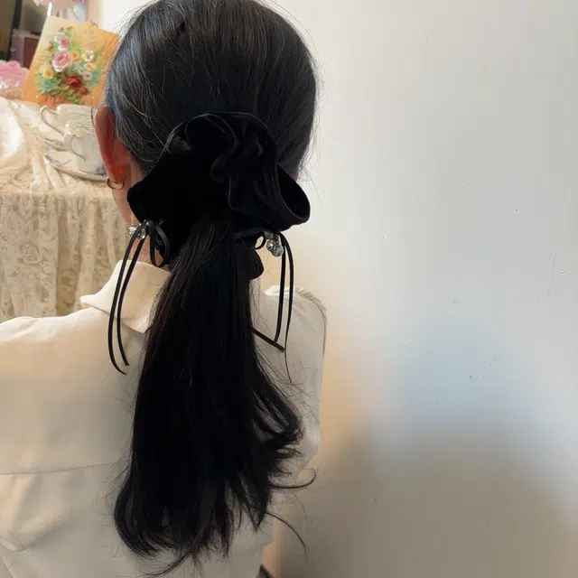 希铃 黑色千金风 蝴蝶结流苏水晶 气质高级感 法式优雅 弹力 纯棉 发圈 女款