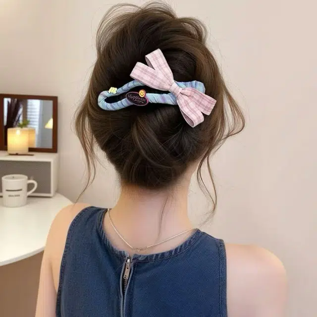 希铃 大号蝴蝶结粉色格子可爱#好运 布艺 发夹 女款