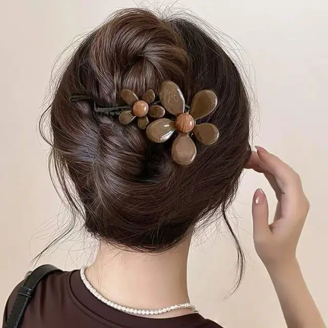希铃 复古法式高级感扭扭夹棕色双花 亚克力 发夹 女款