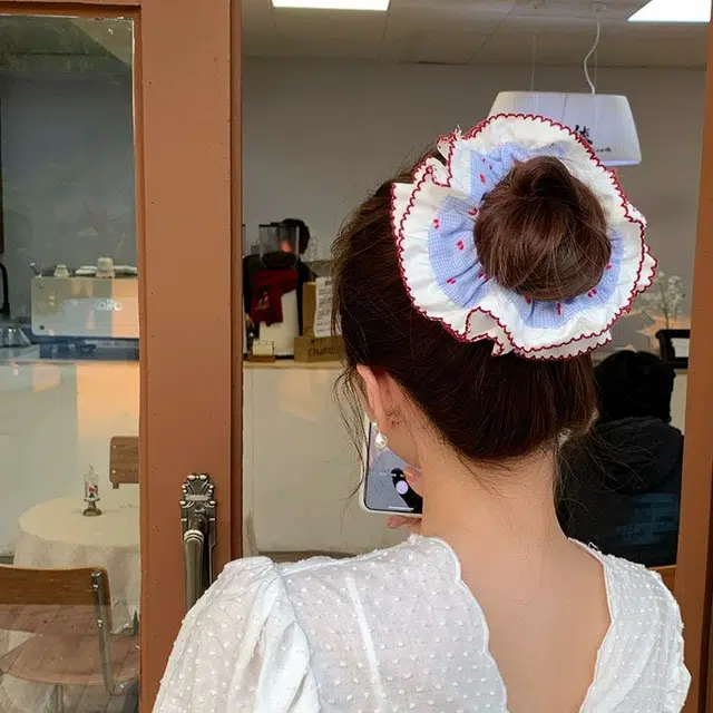 希铃 蓝色格子双层荷叶边 蕾丝 发圈 女款