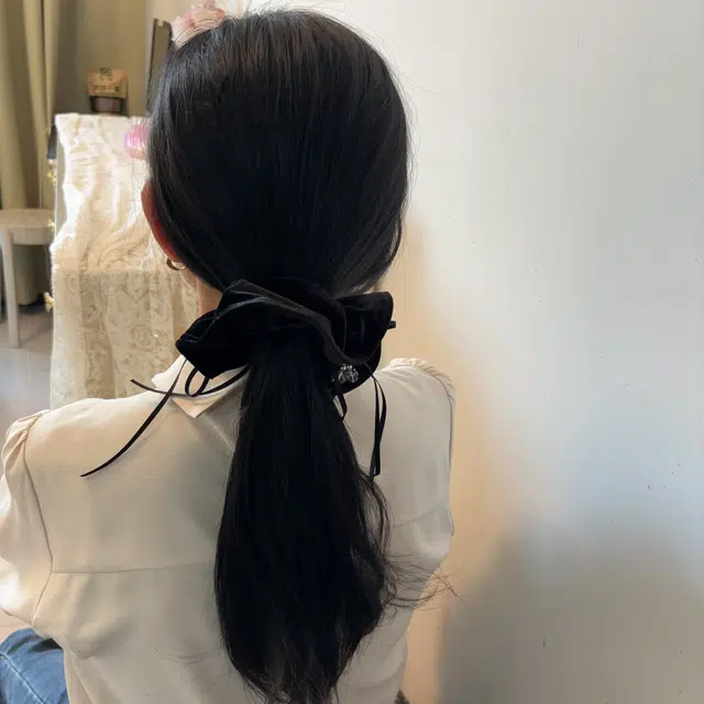 希铃 黑色千金风 蝴蝶结流苏水晶 气质高级感 法式优雅 弹力 纯棉 发圈 女款