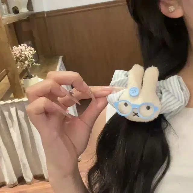 希铃 可爱眼镜兔兔蓝白条纹 布艺 头绳 女款