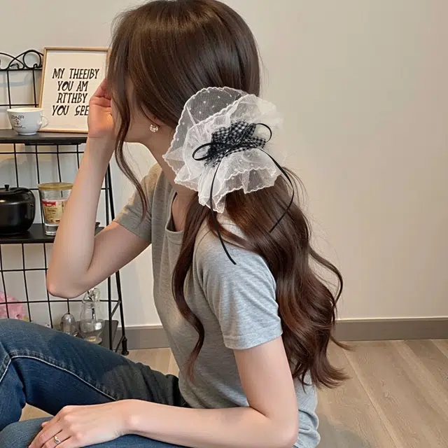 希铃 韩系复古黑白格子 蕾丝 发圈 女款
