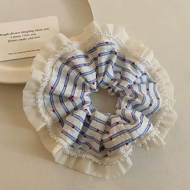 希铃 韩系蓝色条纹 蕾丝 发圈 女款