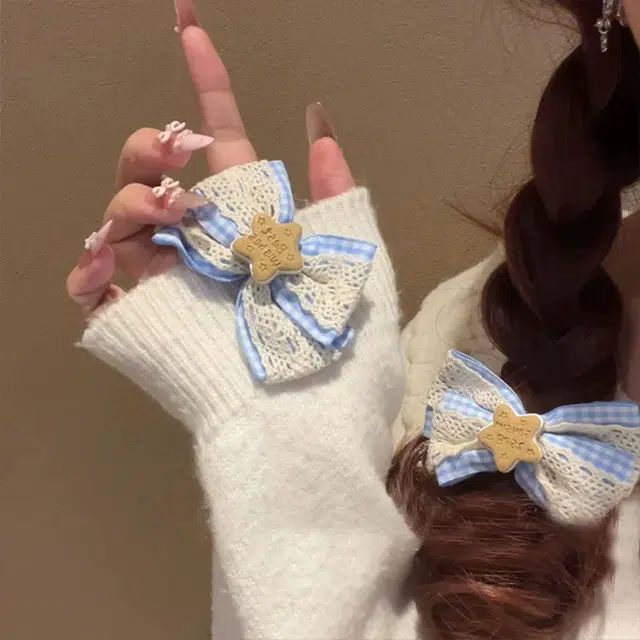 希铃 日韩奶蓝色星星蝴蝶结 布艺 发夹 女款