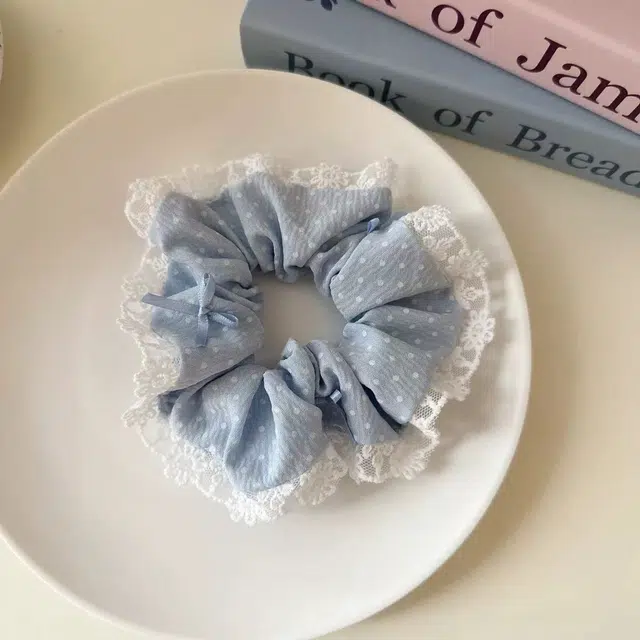 希铃 蓝色清新波点蝴蝶结蕾丝可爱风#好运 布艺 发圈 女款