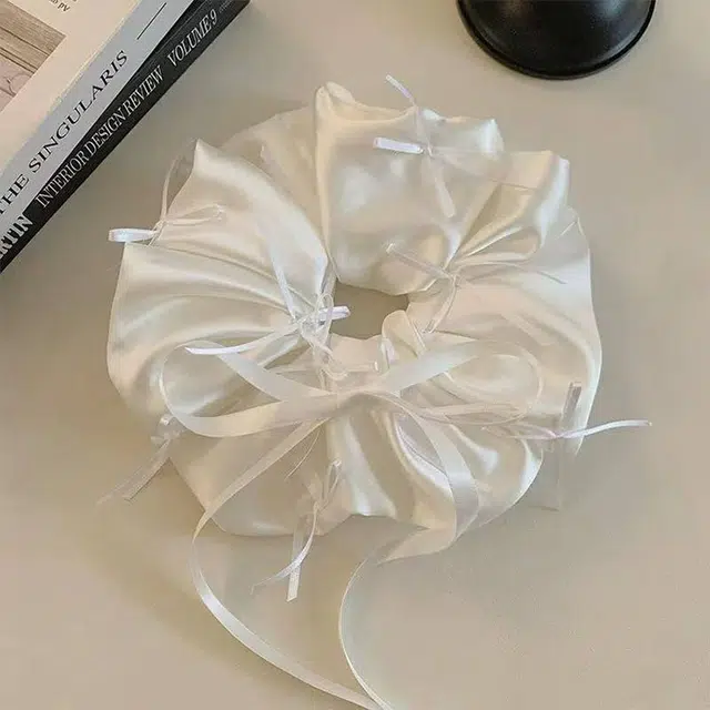 希铃 缎面白色蝴蝶结 娟纱 发圈 女款