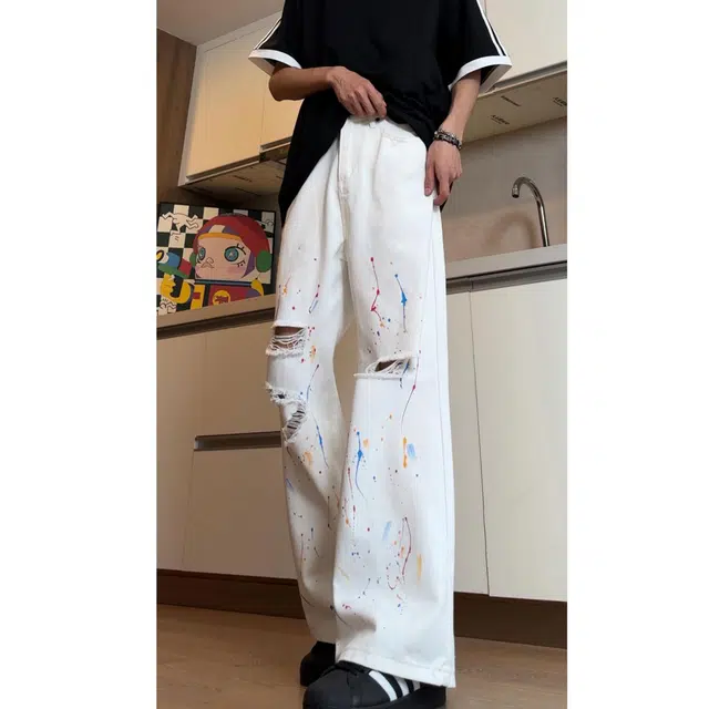 费尔岛上的猫 美式高街潮牌破洞泼墨涂鸦设计感长裤牛仔裤 男女同款