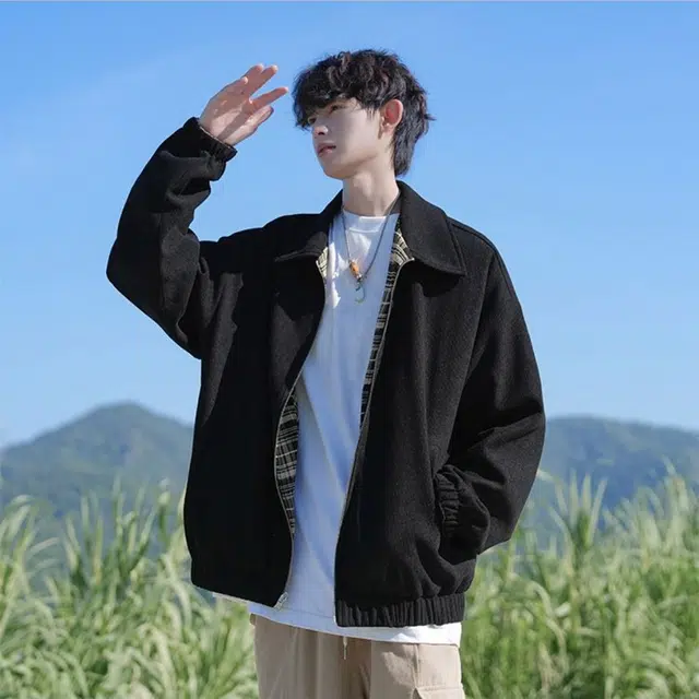 悍戈 美式复古双面穿灯芯绒格纹宽松痞帅大码休闲百搭外套夹克 男女同款