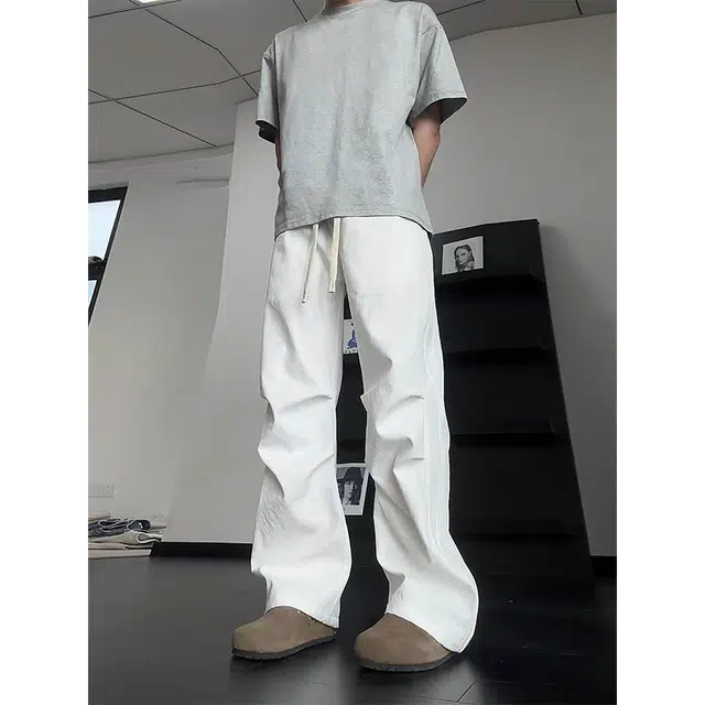 帝狼牛 纯色简约百搭褶皱设计宽松系带直筒垂感休闲裤 男女同款