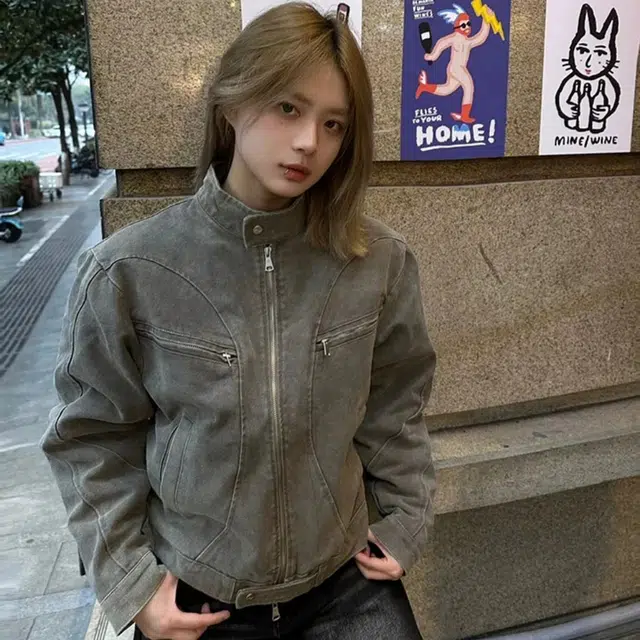 寻星记 美式复古水洗短款立领情侣风哈灵顿夹克牛仔外套 男女同款