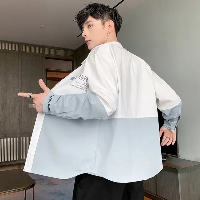 赛瀚 美式高街工装风潮流时尚拼色长袖衬衫男款秋季百搭舒适亲肤显瘦显高男装宽松上衣外套青少年通勤外穿外搭衣服 男女同款