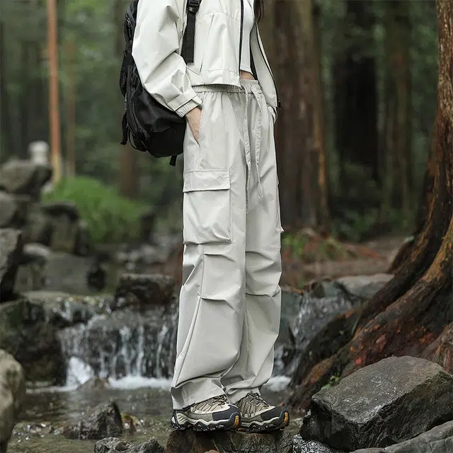 赛瀚 高街工装宽松直筒休闲裤男款秋季户外登山防风抽褶系带阔腿长裤百搭舒适亲肤显瘦显高少年感通勤外穿男裤 男女同款