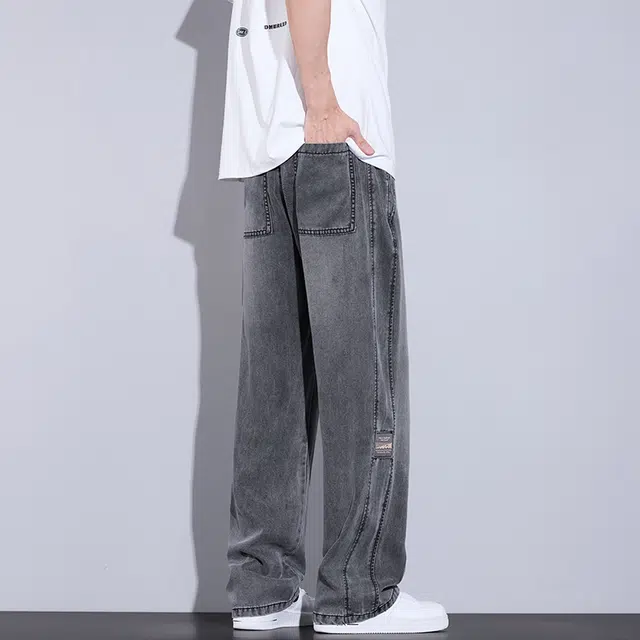 赛瀚 莱赛尔天丝垂顺休闲阔腿裤男生夏季薄款凉感透气舒适宽松直筒长裤子美式潮牌高街风复古水洗抽绳松紧腰多口袋设计牛仔裤 男女同款