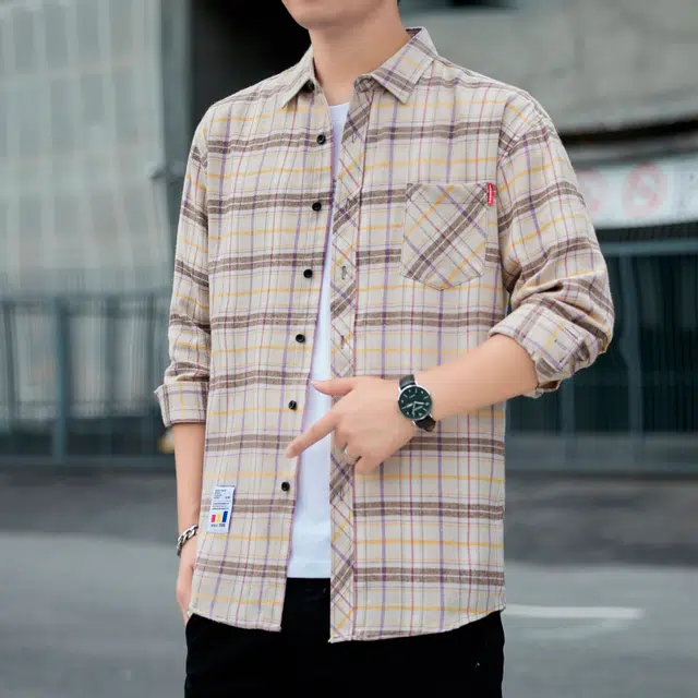 赛瀚 高街复古潮流格子衬衫长袖男款翻领休闲垂感嘻哈多风格衬衣外套春秋厚款百搭舒适亲肤男装宽松上衣显瘦外搭外穿男士衣服 男女同款