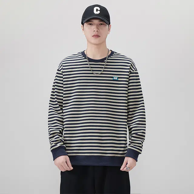 赛瀚 美式圆领卫衣男款高级感条纹休闲时尚秋季厚款百搭舒适亲肤男装上衣宽松显瘦显高青少年高街外穿通勤男士长袖衣服 男女同款