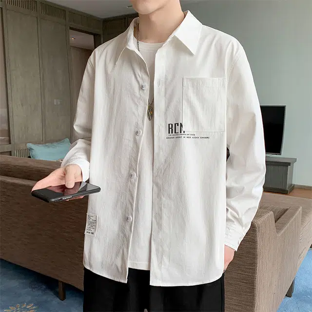 赛瀚 美式潮牌纯色翻领衬衫长袖男款春秋百搭舒适亲肤男装宽松上衣显瘦显高学院风青少年高街通勤时尚外穿外搭衣服 男女同款