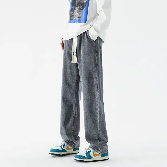 赛瀚 复古高街风阔腿牛仔裤男款美式潮流秋季厚款百搭舒适亲肤男装宽松直筒长裤显瘦显高青少年工装通勤时尚外穿休闲裤 男女同款