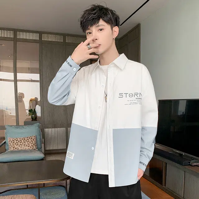赛瀚 美式高街工装风潮流时尚拼色长袖衬衫男款秋季百搭舒适亲肤显瘦显高男装宽松上衣外套青少年通勤外穿外搭衣服 男女同款