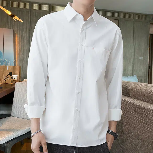 赛瀚 高级感纯色翻领衬衫长袖男款重磅休闲衬衣外套百搭舒适时尚春秋厚款亲肤男装宽松上衣显瘦少年感通勤高街外穿男士衣服 男女同款